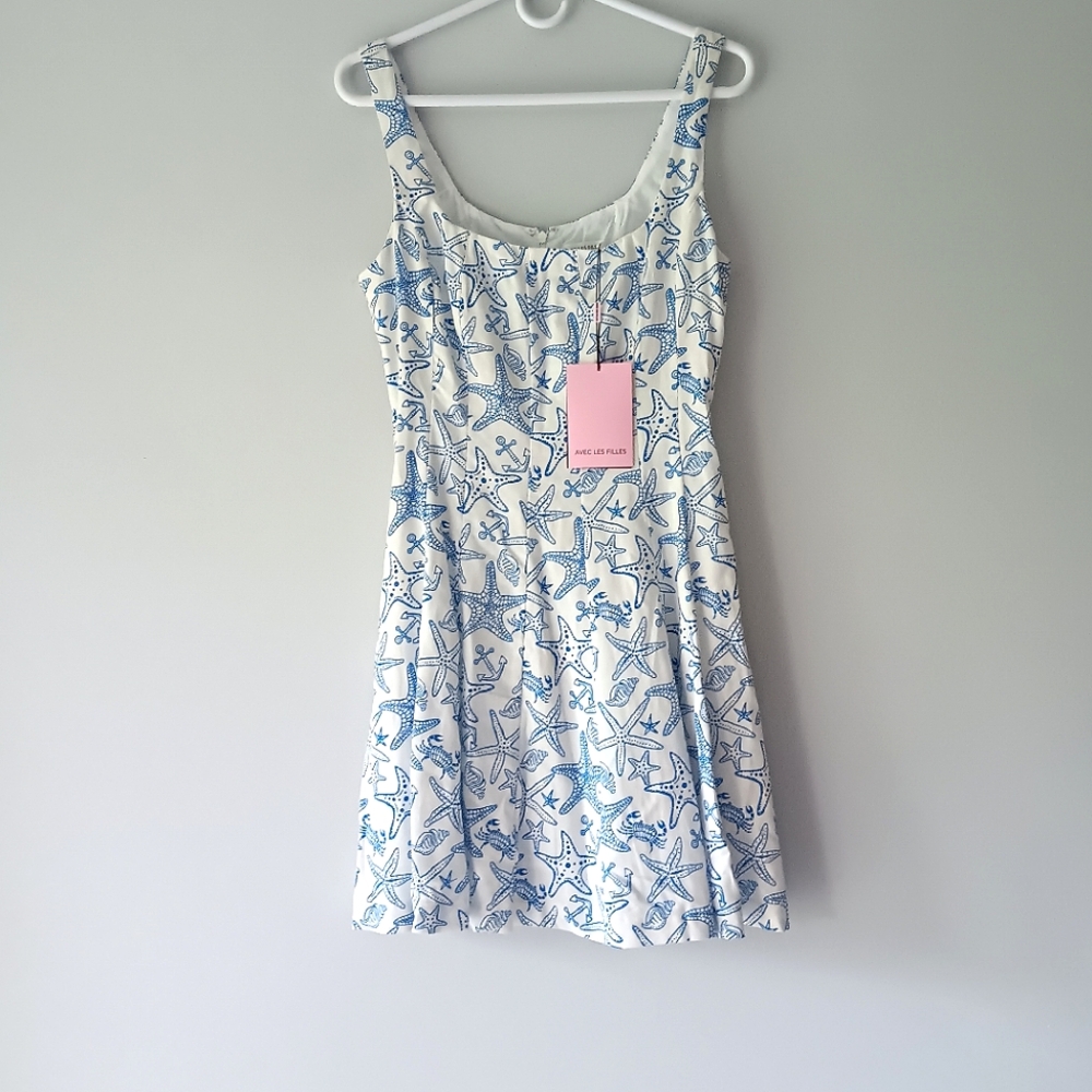 New Avec Les Filles Mini A-Line Scoop Neck Dress Starfish Anchors Blue White 8